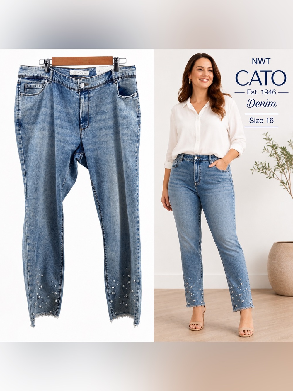 Cato Est. 1946 Denim Jeans Women’s Size 16 Mid Rise Pearl Embellished NWT Glam
